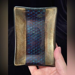 Kurt McVay Dichroic Fused Glass Trinket Dish Iridescent Gold Purple Signed KM